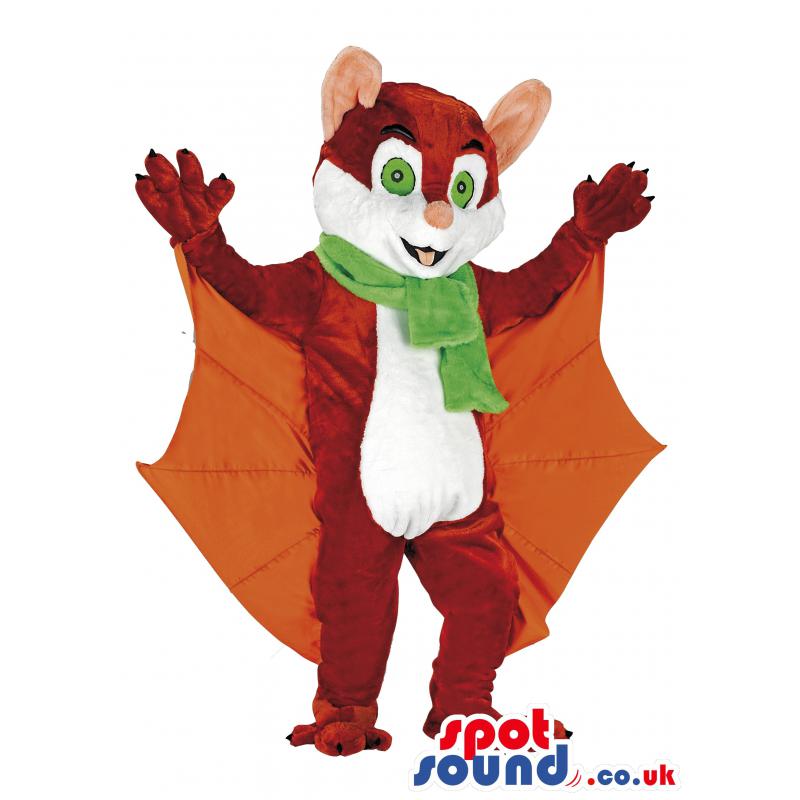Red Bat Mascot with orange wings and green eyes in a green