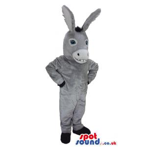 Donkey mascot in gray and black and with innocent smile -
