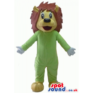 Lion with brown hair wearing a green suit - Custom Mascots