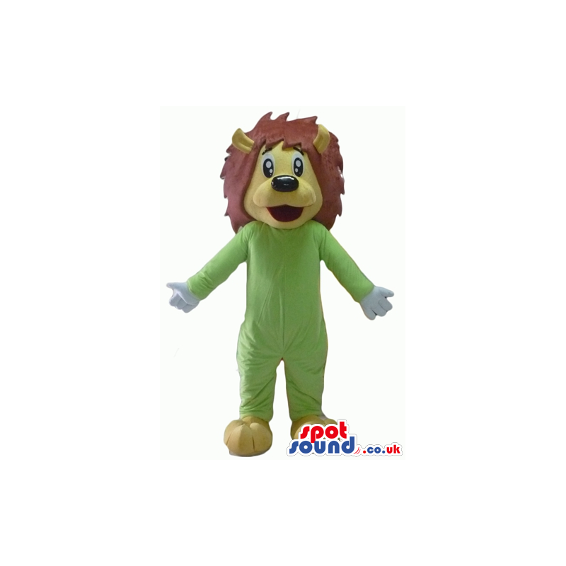 Lion with brown hair wearing a green suit - Custom Mascots