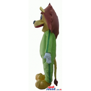 Lion with brown hair wearing a green suit - Custom Mascots