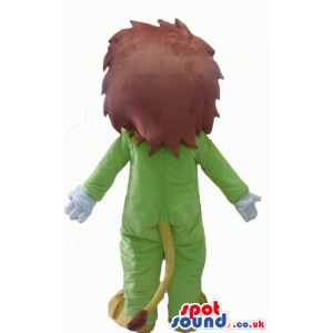 Lion with brown hair wearing a green suit - Custom Mascots