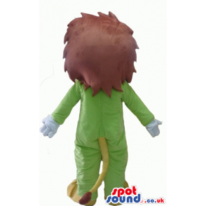 Lion with brown hair wearing a green suit - Custom Mascots