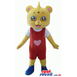 Yellow bear wearing a white t-shirt, a red suit and blue shoes