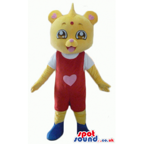 Yellow bear wearing a white t-shirt, a red suit and blue shoes