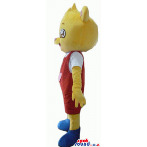 Yellow bear wearing a white t-shirt, a red suit and blue shoes