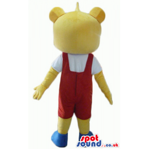 Yellow bear wearing a white t-shirt, a red suit and blue shoes