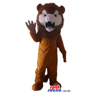 Brown lion with open mouth and sharp teeth - Custom Mascots