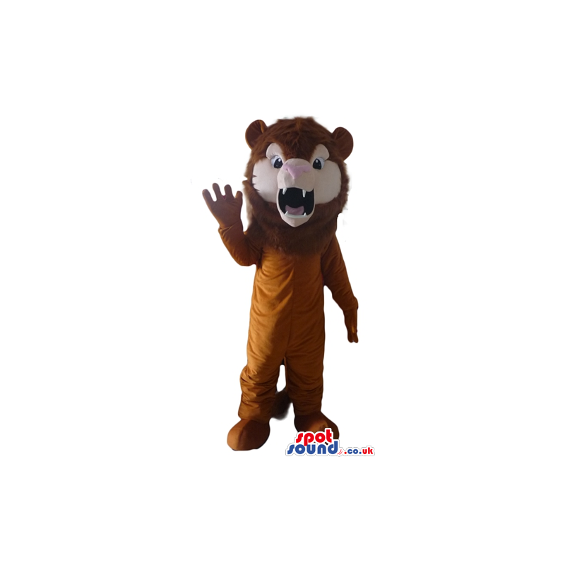 Brown lion with open mouth and sharp teeth - Custom Mascots