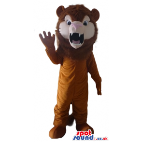 Brown lion with open mouth and sharp teeth - Custom Mascots