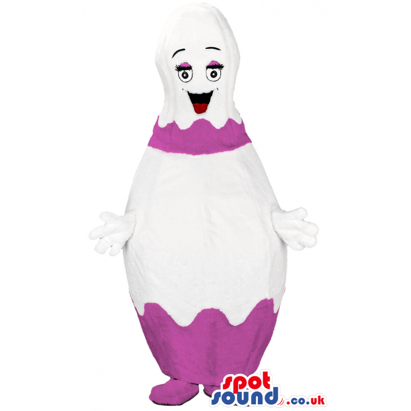 Brilliant and smiling bowling pin mascot with white-pink pieces