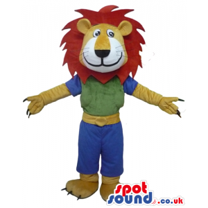 Lion with red hair wearing a green and blue shirt and blue