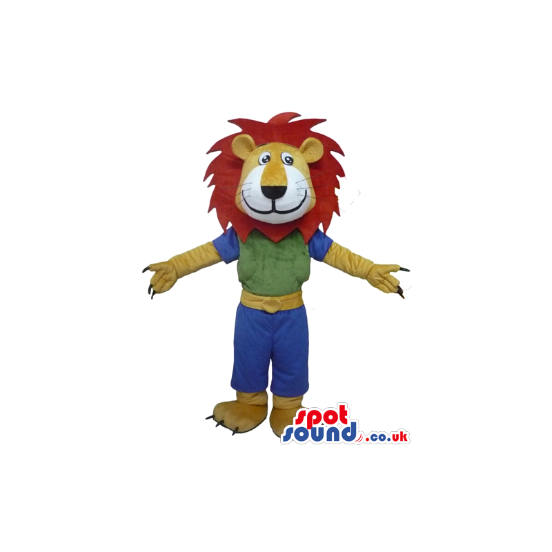 Lion with red hair wearing a green and blue shirt and blue