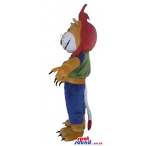 Lion with red hair wearing a green and blue shirt and blue