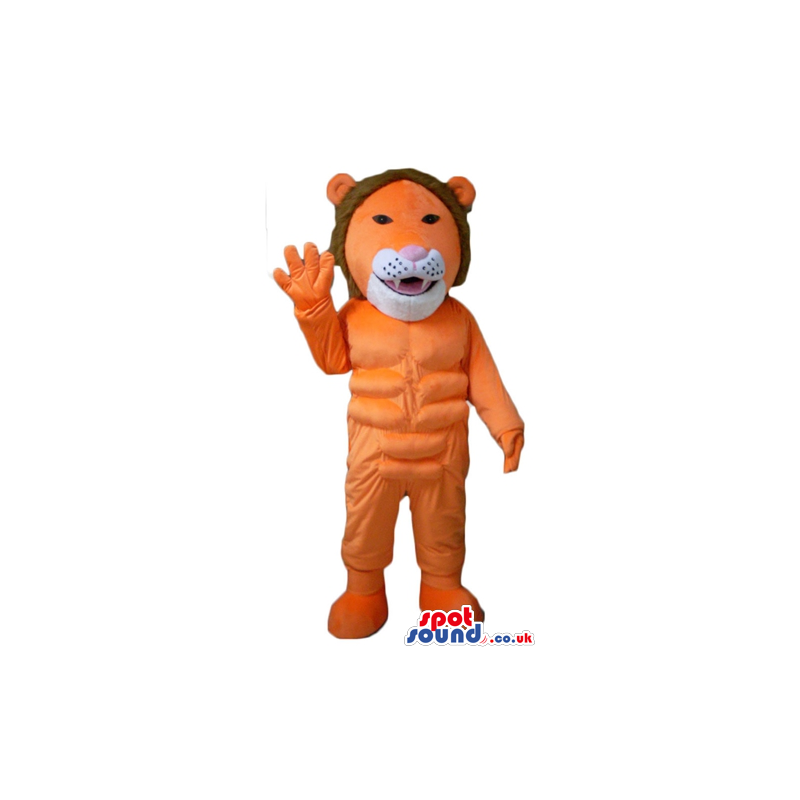 Muscleous orange lion with brown hair - Custom Mascots