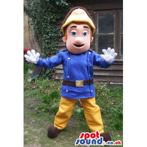 Fireman mascot with blue jacket, hat and yellow trousers