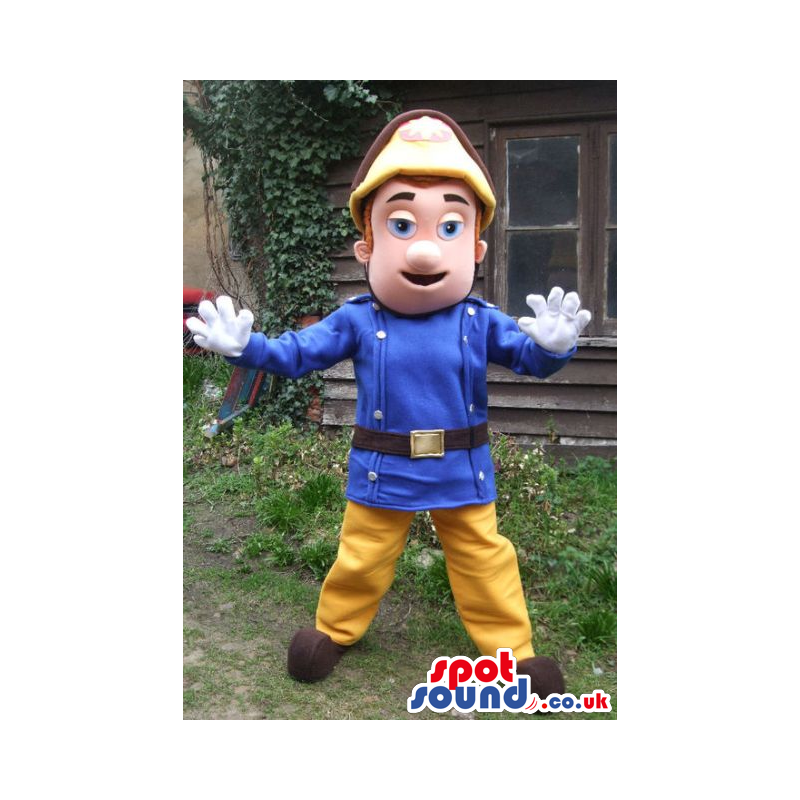 Fireman mascot with blue jacket, hat and yellow trousers -