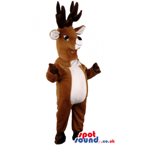 Brown deer mascot with cute smile and big, stunning antlers