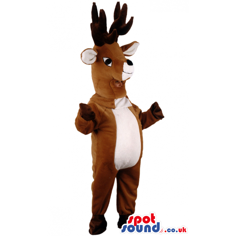 Brown deer mascot with cute smile and big, stunning antlers -