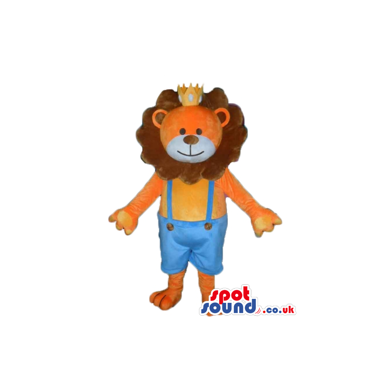 Orange lion with brown hair wearing blue trousers and a yellow