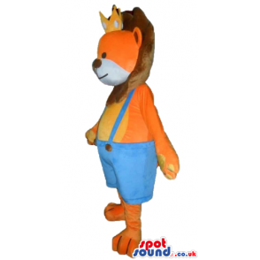 Orange lion with brown hair wearing blue trousers and a yellow