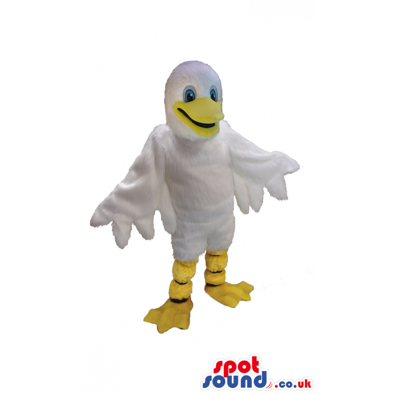 Velvet Duck Mascot with white feathers and yellow beak and feet