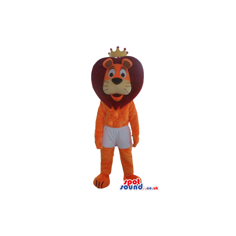 Orange lion with brown hair wearing white shorts and a yellow
