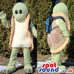 Funny green turtle mascot with a blue rucksack on the back -