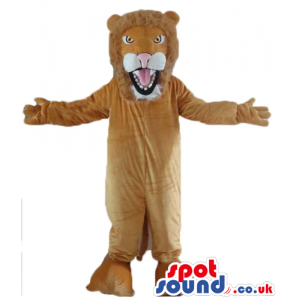 Brown lion with open mouth and sharp teeth - Custom Mascots