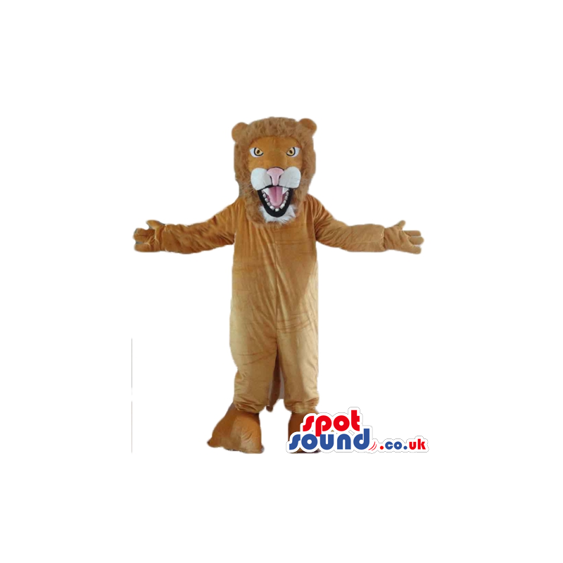 Brown lion with open mouth and sharp teeth - Custom Mascots