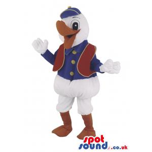 Donald duck mascot in blue shirt with blue cap in brown