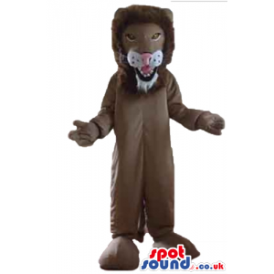 Brown lion with open mouth and sharp teeth - Custom Mascots