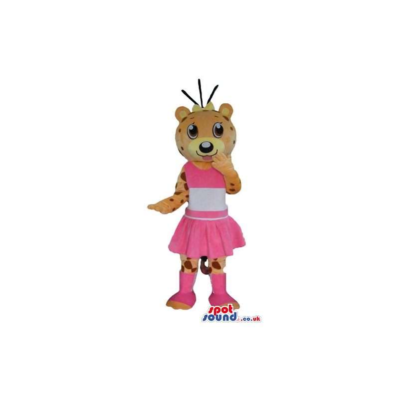 Female cheetah wearing a pink mini skirt and boots and a pink
