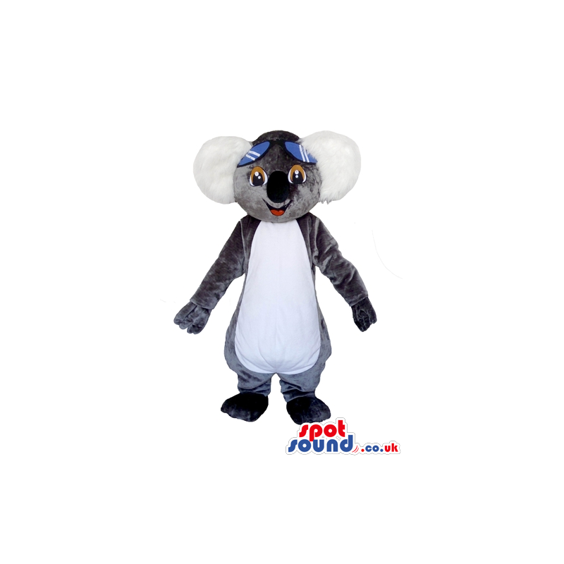 Grey koala with a white belly and blue glasses - Custom Mascots