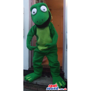 Green frog mascot with large and white eyes and black lips