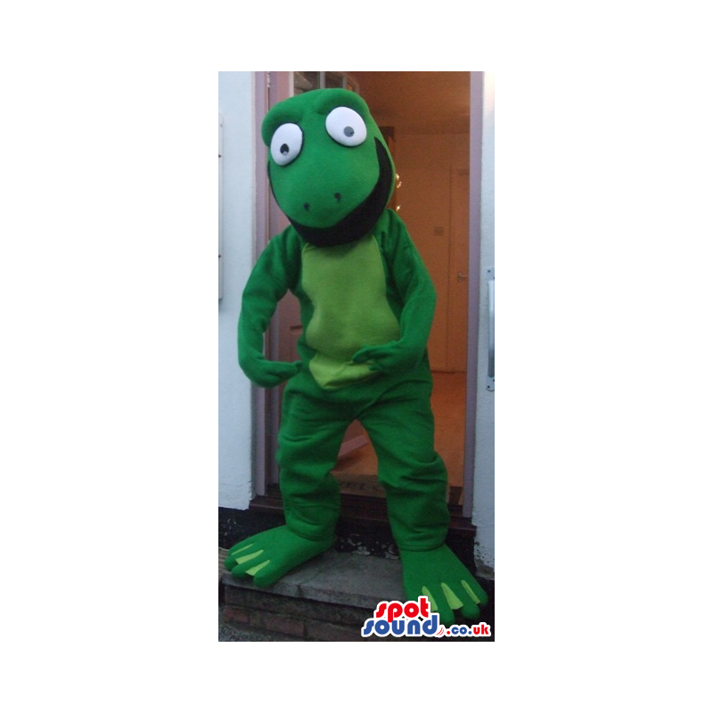 Green frog mascot with large and white eyes and black lips -