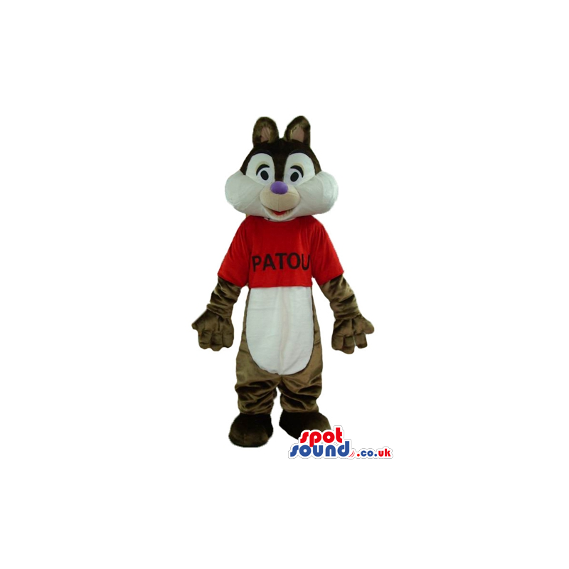 Brown and white squirrel wearing a red t-shirt - Custom Mascots