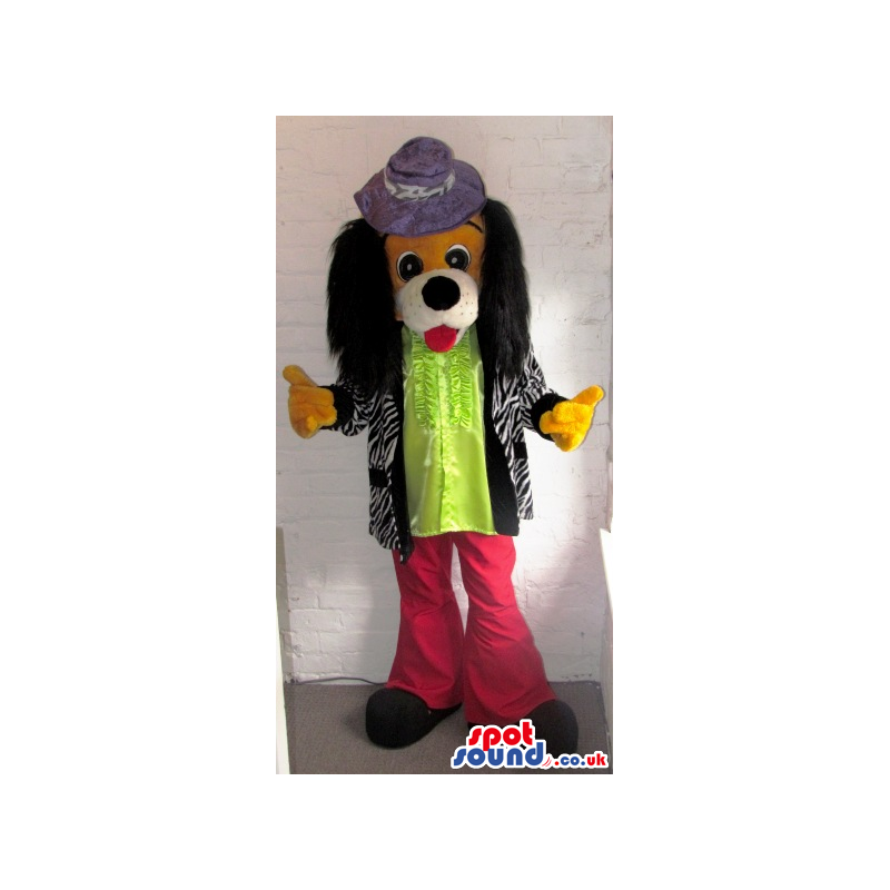 Dog mascot with grey hat, green shirt and red trousers - Custom