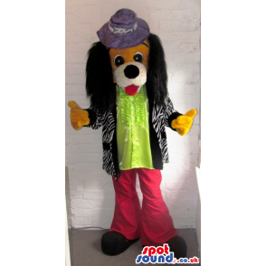 Dog mascot with grey hat, green shirt and red trousers - Custom