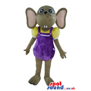 Brown female mouse dressed in a yellow t-shirt and violet