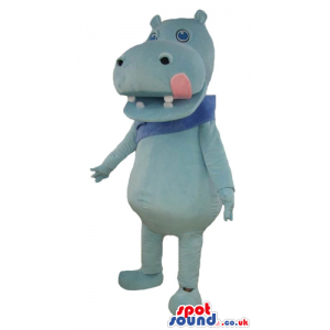 Light blue hippo sticking out its mouth with blue scarf -