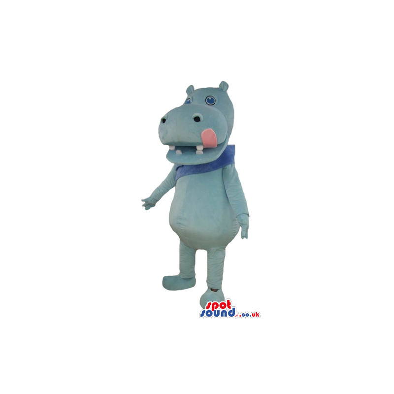 Light blue hippo sticking out its mouth with blue scarf -