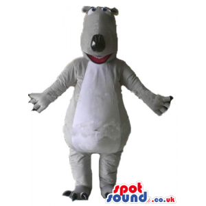 Grey dog with white belly and an open mouth - Custom Mascots