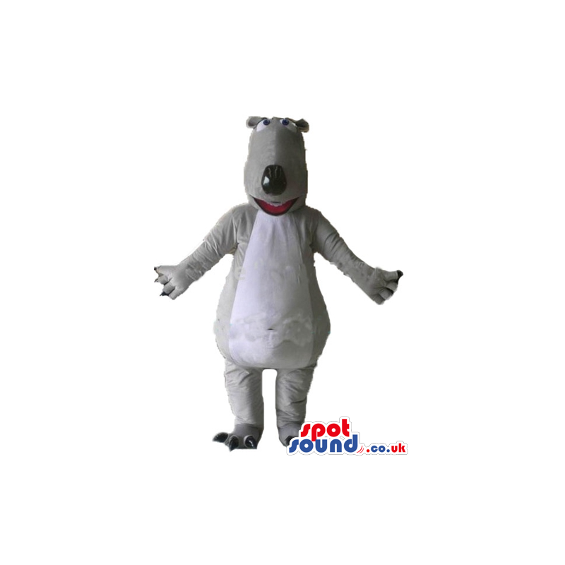 Grey dog with white belly and an open mouth - Custom Mascots