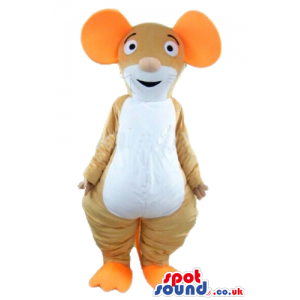 Brown mouse with big orange ears and feet and a white belly -