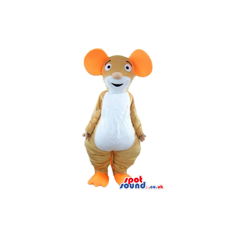 Brown mouse with big orange ears and feet and a white belly -