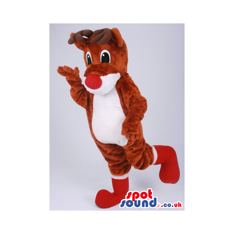 Cuddly brown reindeer mascot with red nose and red boots -