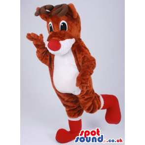 Cuddly brown reindeer mascot with red nose and red boots -