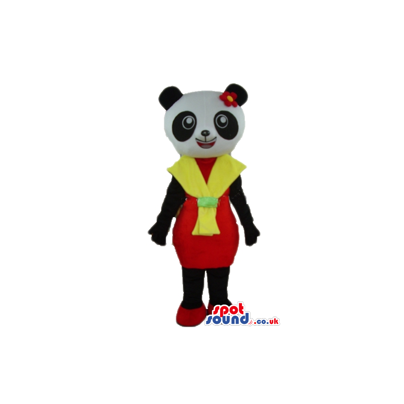 Female panda wearing a yellow and red dress and a matching