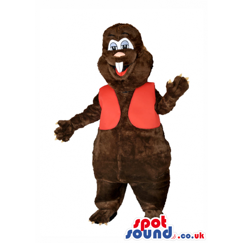 Dark brown beaver mascot with red waistcoat and big white teeth